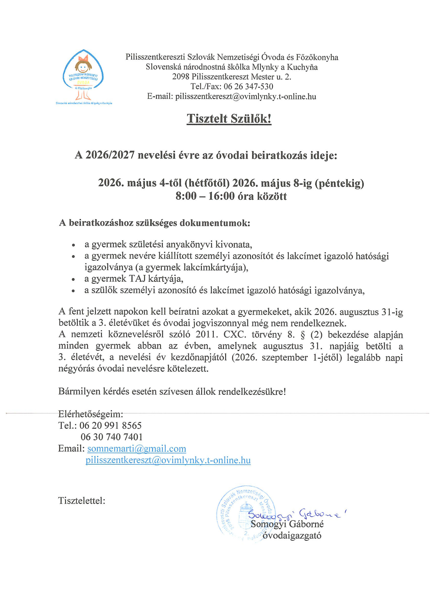 Óvodai beiratkozás 2026-2027